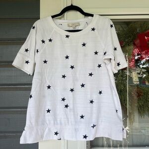 Loft Shirt Women M White Blue Embroidered Star USA Beachy Coastal Preppy Cotton